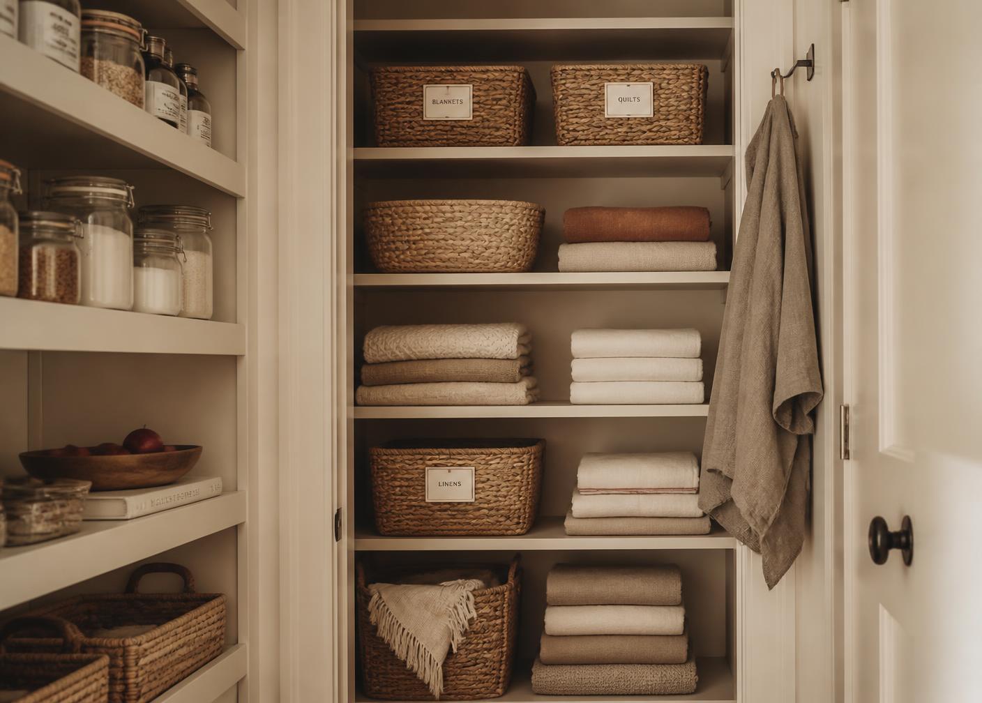 An organized linen closet with labeled baskets and folded linens