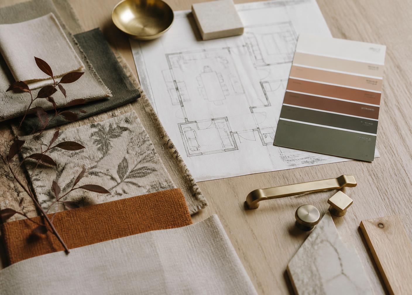 Design flat lay with fabric swatches, paint chips, and a floor plan