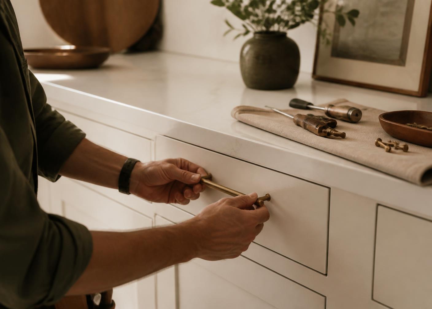 A professional installing brass cabinet hardware in a bright kitchen