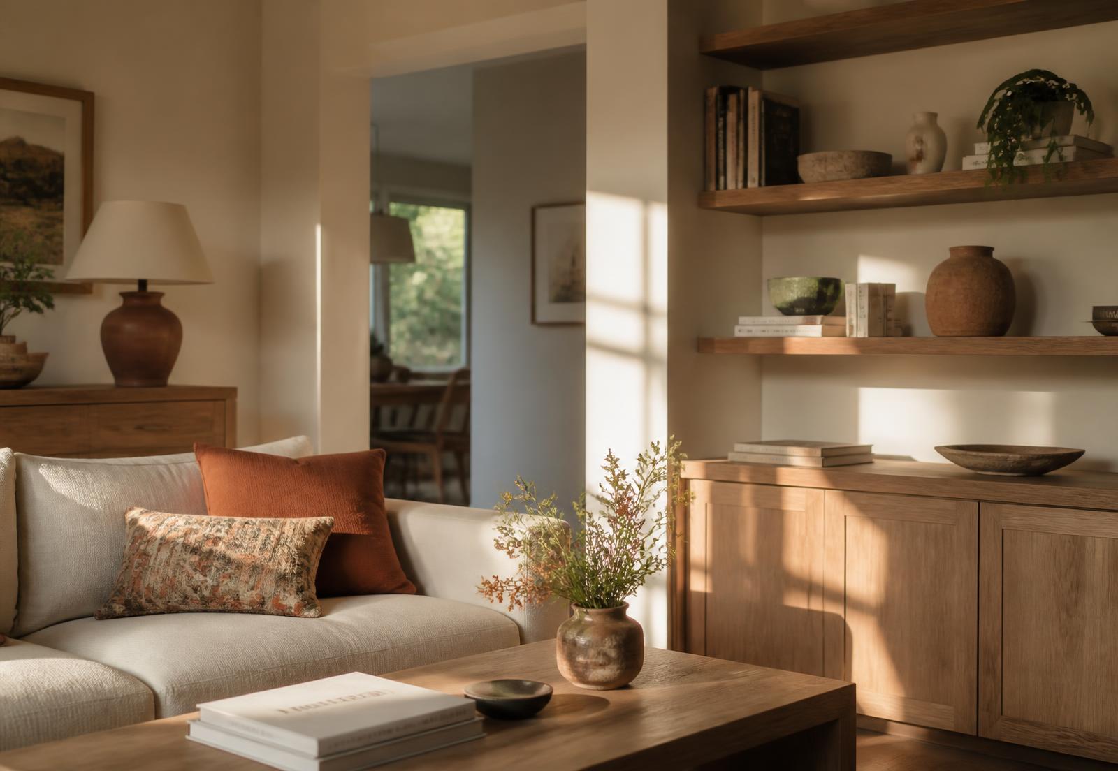 A calm, organized living room with warm natural light